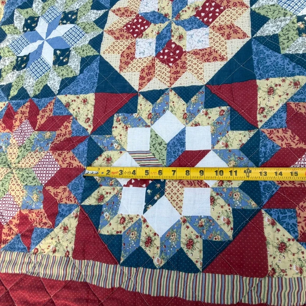 Handmade Patchwork Star Quilt Red Blue Yellow Floral Geometric 84x84 Americana
